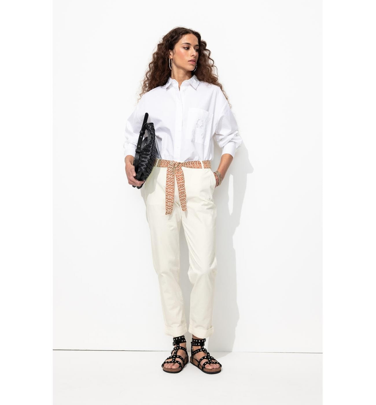 Pantalon Chino Ceinturé Femme - Blanc Uni Clair