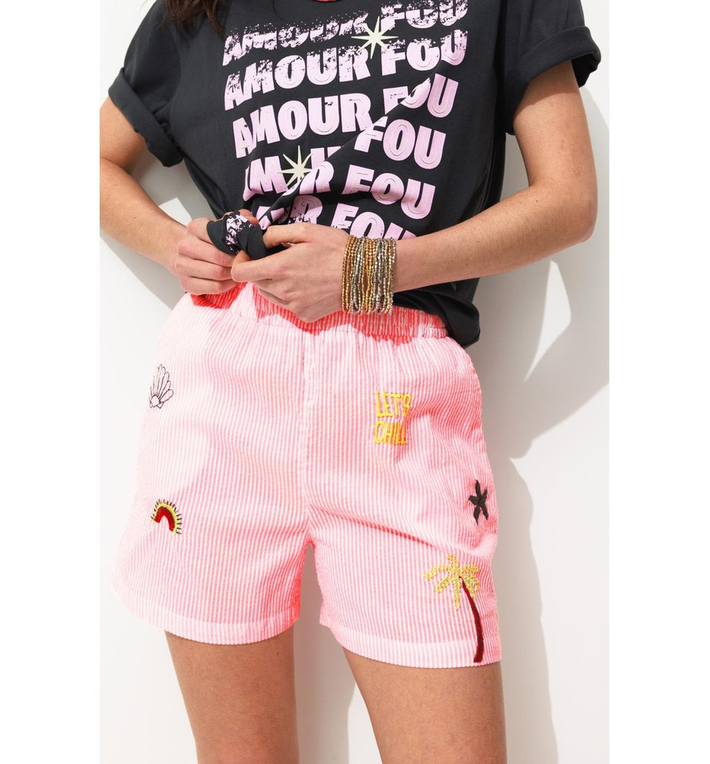Women's Embroidered Striped Shorts - Pink Stripe