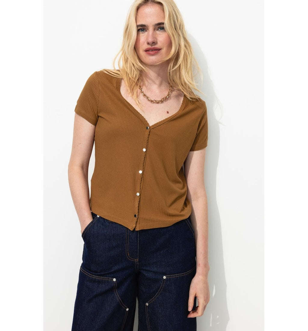 Camiseta de canalé con cuello en V para mujer - Plain Dark Greige