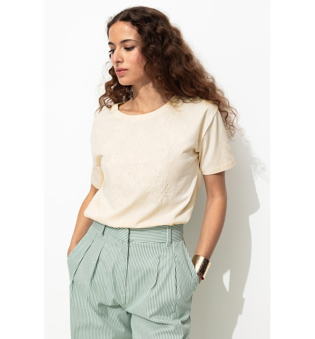 Mujer Camiseta Bordada Color Natural Claro, Un Color