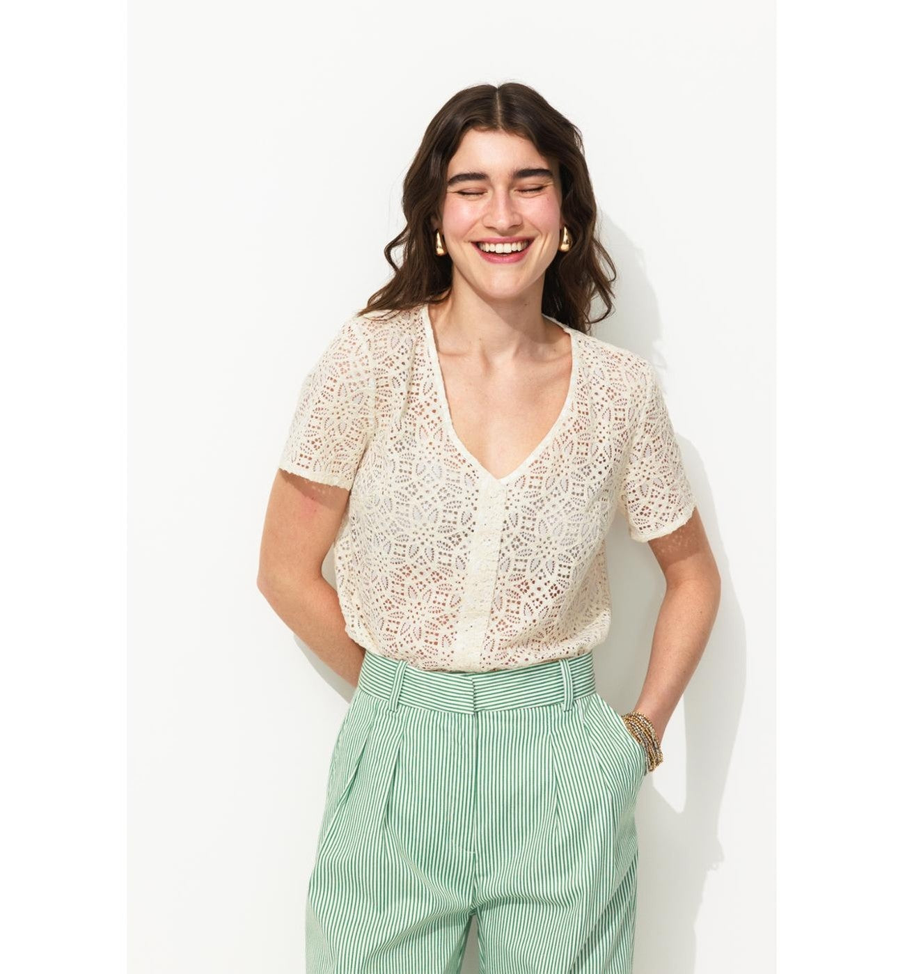 Mujer Camisa Efecto Encaje Un Color Color Natural Claro