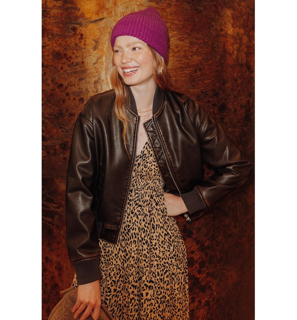 Women's Faux Bomber Jacket - Plain Dark Brown