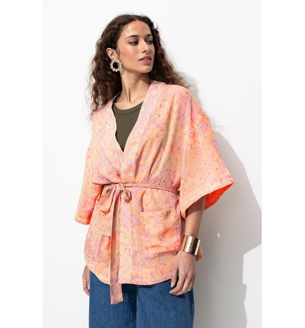Women's Printed Kimono Jacket - Plain Orange