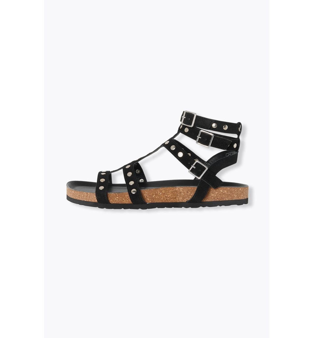 Women's Studded Leather Sandals - Plain Dark Black