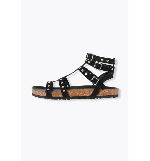 Women's Studded Leather Sandals - Plain Dark Black