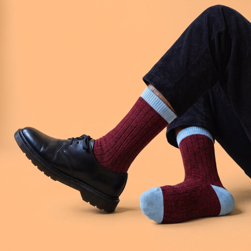 Chaussettes En Laine Mérinos Avec Bandes - Bordeaux Et Bleu Ciel