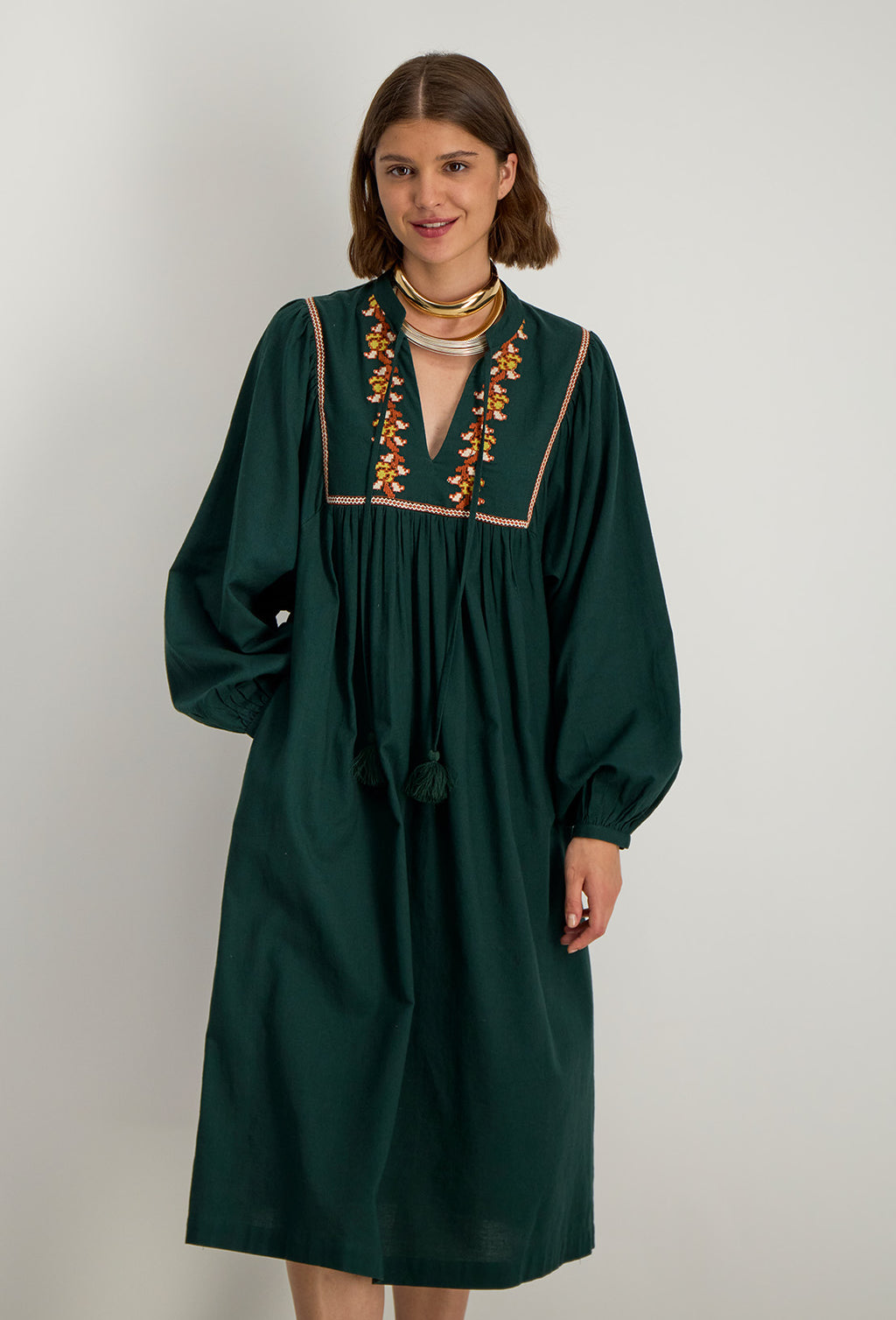 Dalema Embroidered Dress - Forest Green