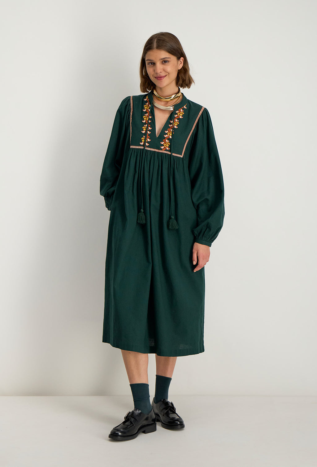 Dalema Embroidered Dress - Forest Green