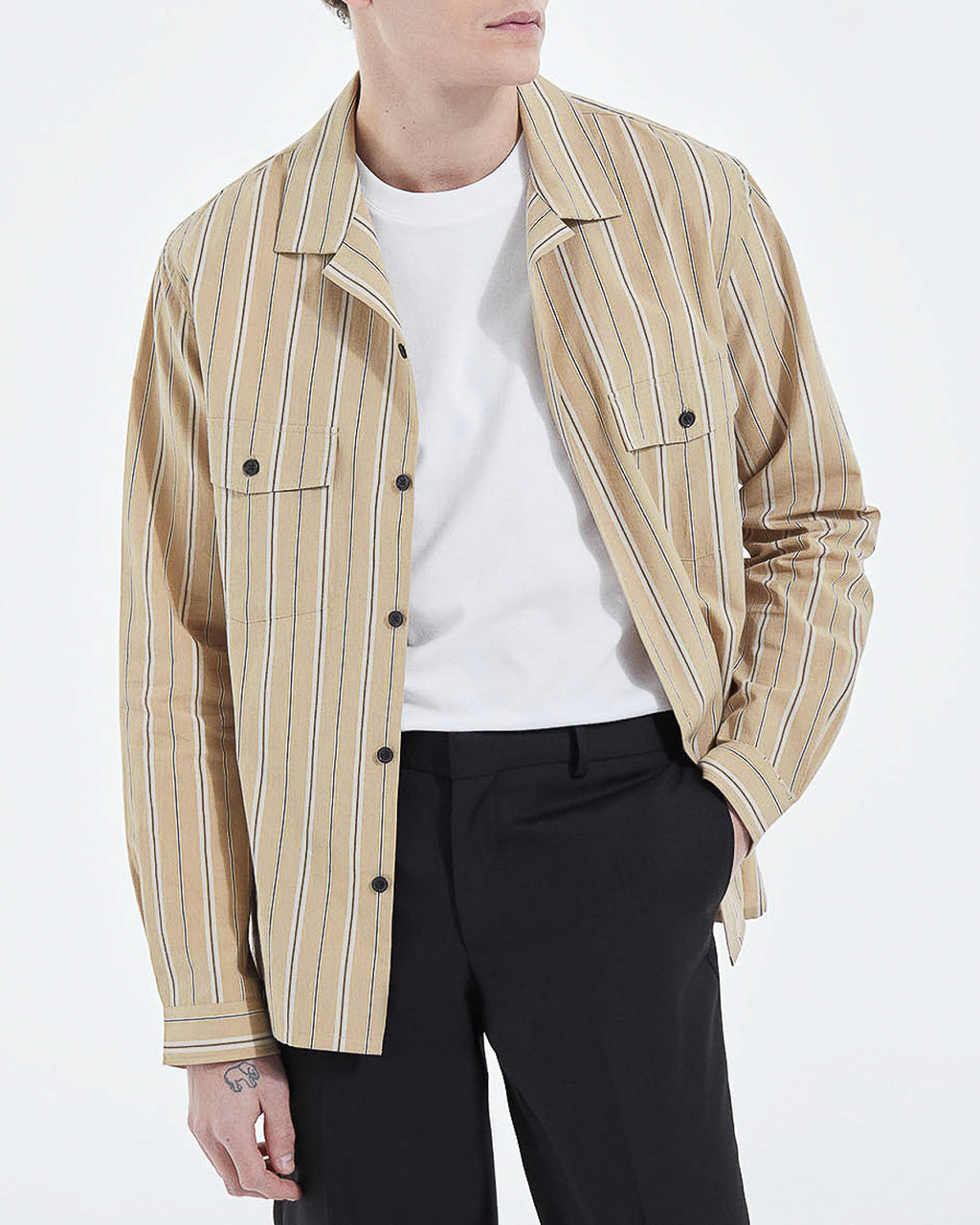 The Kooples - Chemise Col Hawaï Beige À Rayures - Homme