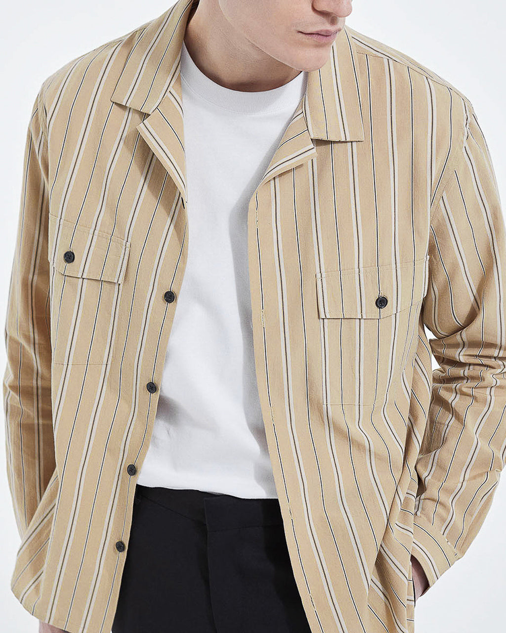The Kooples - Chemise Col Hawaï Beige À Rayures - Homme