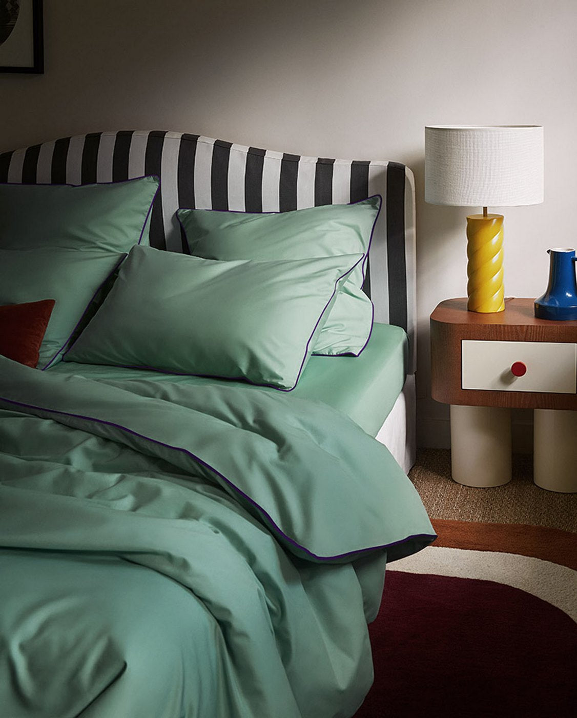 Housse De Couette - Percale De Coton - Vert Lichen Liseré Aubergine