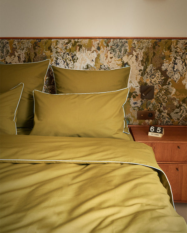 Housse De Couette Percale De Coton - Finition Liseré - Vert Bronze Liseré Blanc