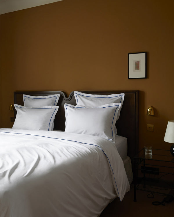 Housse De Couette Satin De Coton - Finition Bourdon-Blanc Bourdon Bleu Cobalt