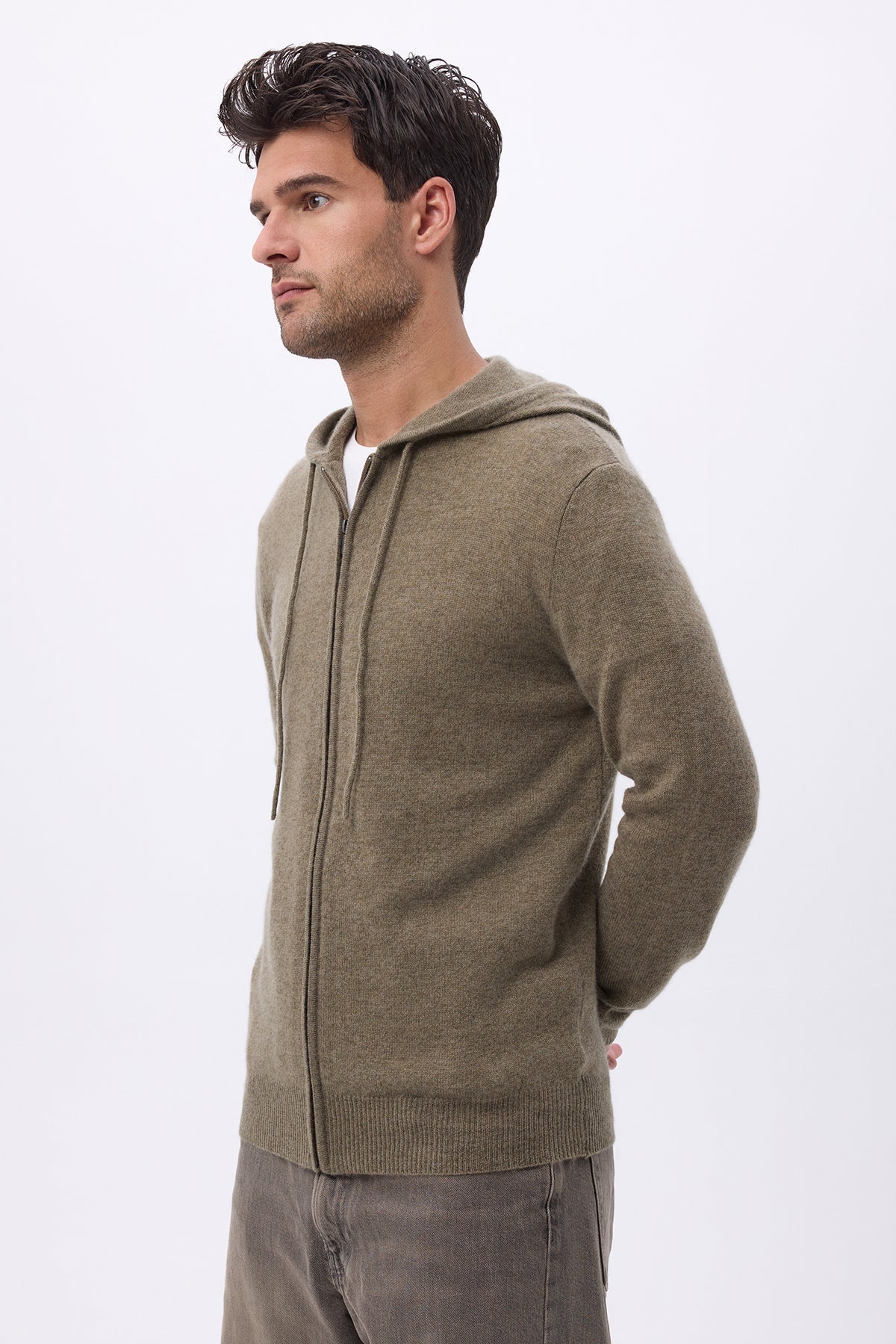 Felpa Con Zip E Cappuccio U Hugo - Verde Cachi - Uomo