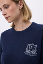 Striktrøje med rund hals og broderi Harrington - Marineblå - Dame