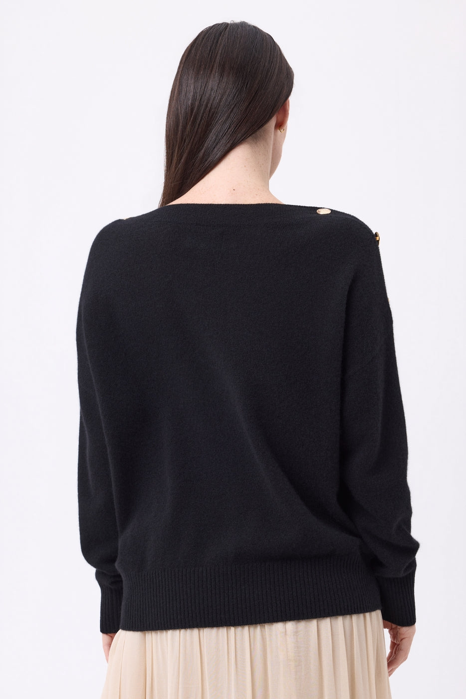 Pull Col Rond Boutons Dorés Icone - Noir - Femme - 100% Cachemire