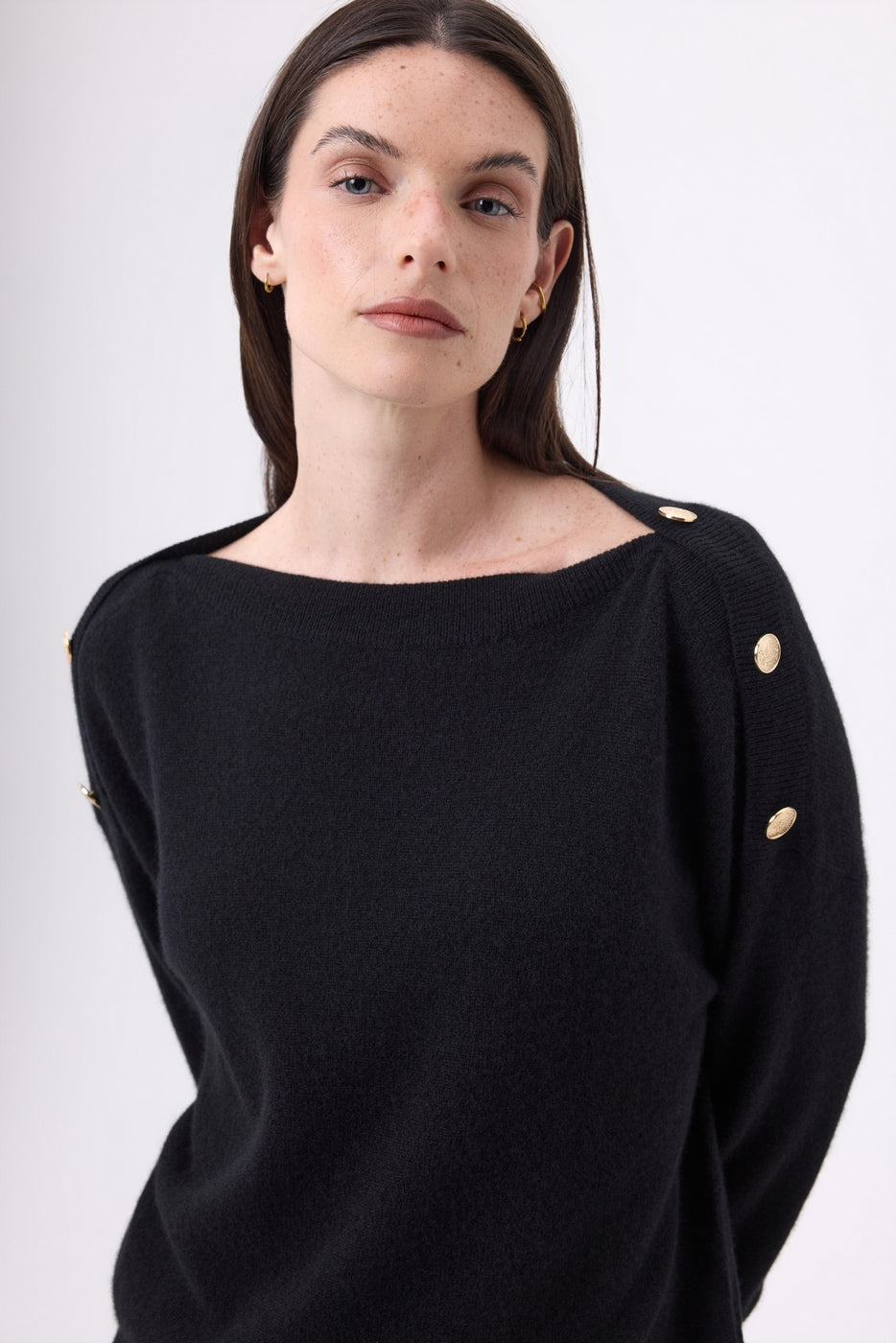 Pull Col Rond Boutons Dorés Icone - Noir - Femme - 100% Cachemire