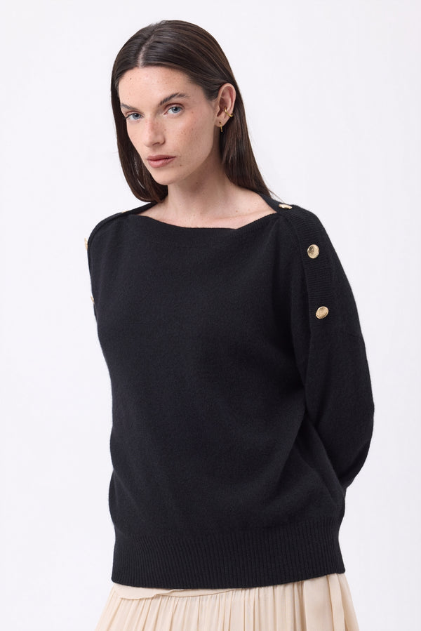 Pull Col Rond Boutons Dorés Icone - Noir - Femme - 100% Cachemire