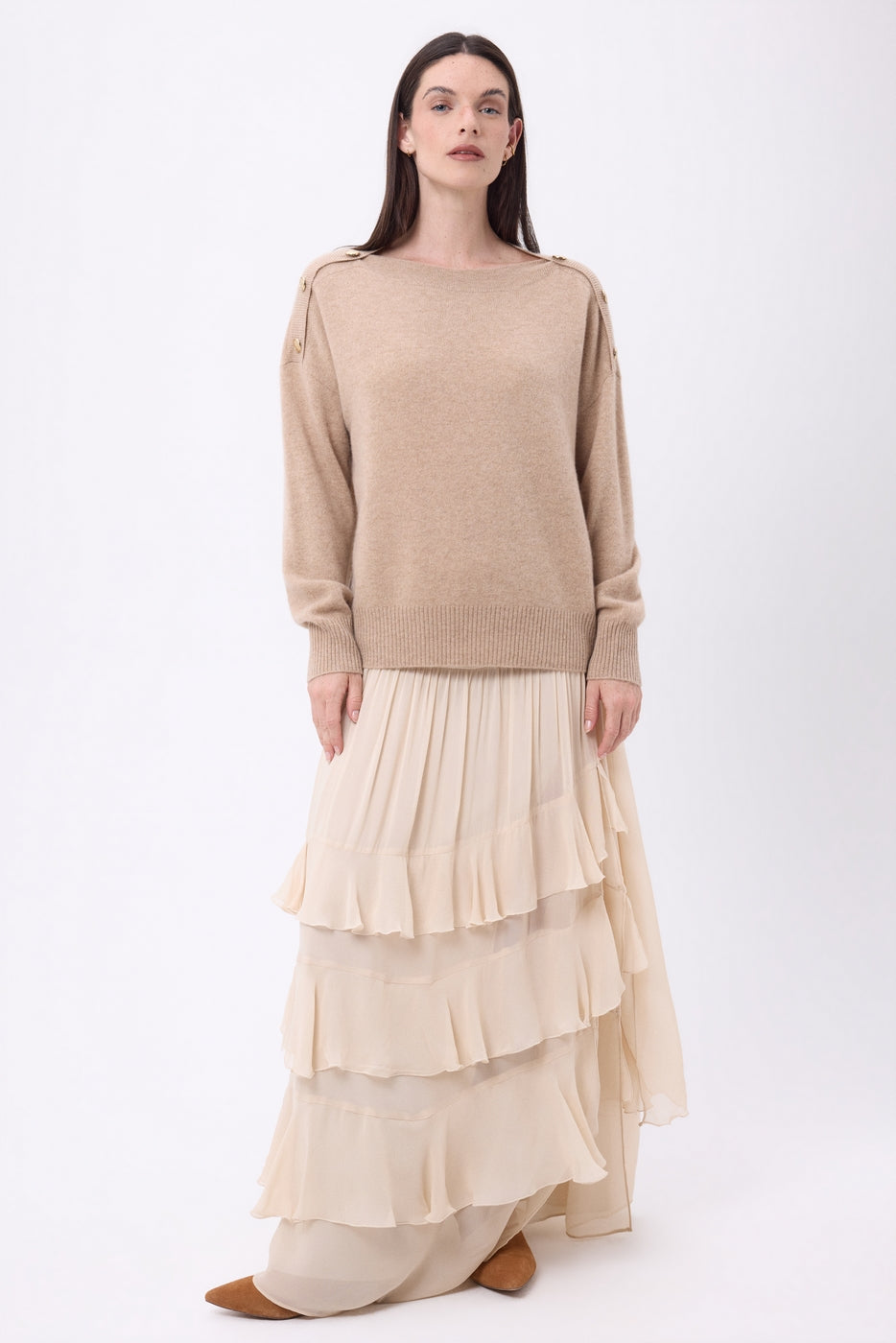 Maglione Girocollo Bottoni Dorati Icone - Beige Crema - Donna - 100% Cashmere