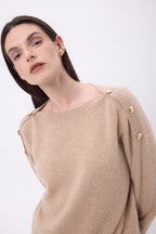 Maglione Girocollo Bottoni Dorati Icone - Beige Crema - Donna - 100% Cashmere