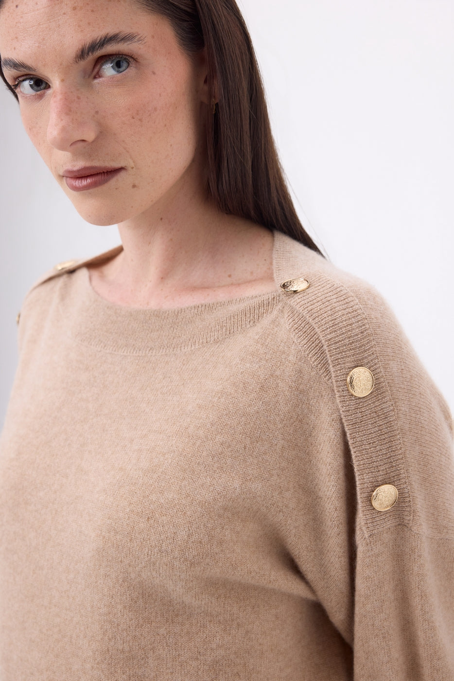 Maglione Girocollo Bottoni Dorati Icone - Beige Crema - Donna - 100% Cashmere