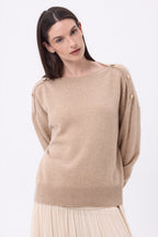 Maglione Girocollo Bottoni Dorati Icone - Beige Crema - Donna - 100% Cashmere