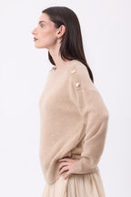 Maglione Girocollo Bottoni Dorati Icone - Beige Crema - Donna - 100% Cashmere