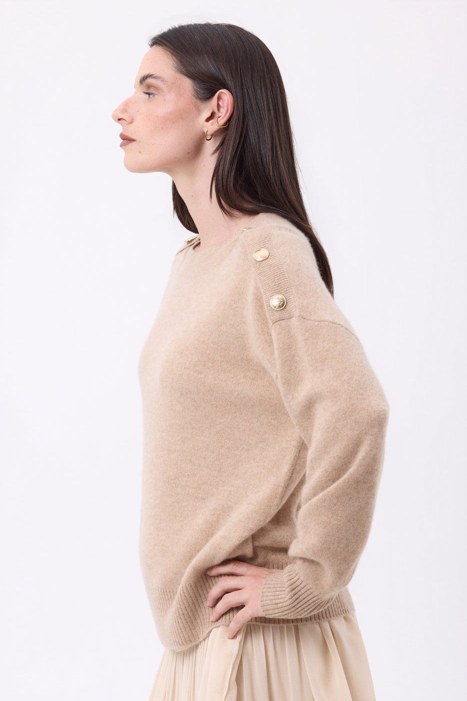 Maglione Girocollo Bottoni Dorati Icone - Beige Crema - Donna - 100% Cashmere