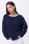 Jersey de cuello redondo con botones dorados Icono - Azul marino - Mujer