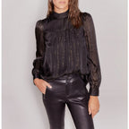 IKKS - Pure Edition Blouse Col Montant En Soie Et Fil Doré - Noir