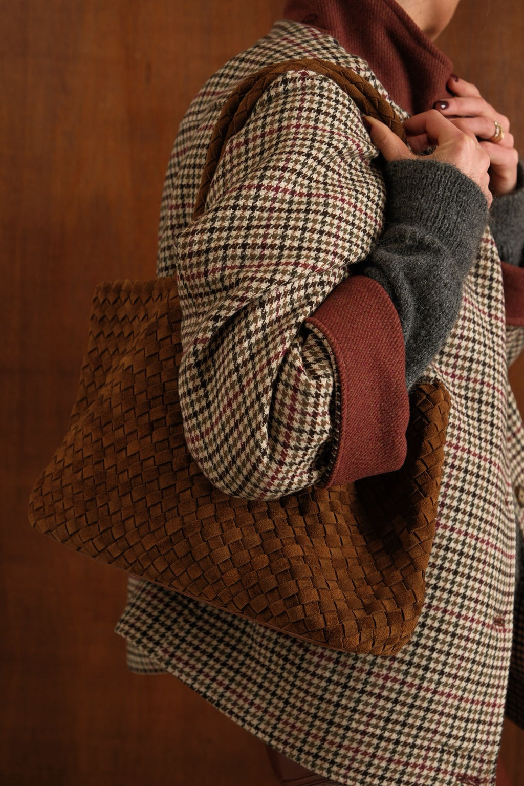 Camel Woven Suede Maxi Bag
