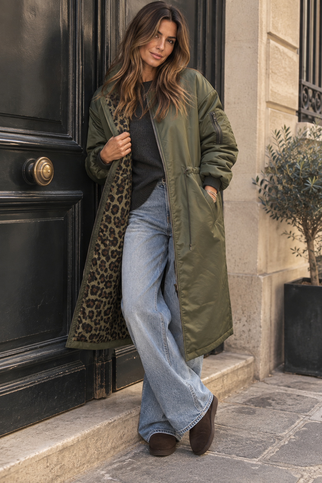 Lange Wende-Bomberjacke Lara Khaki