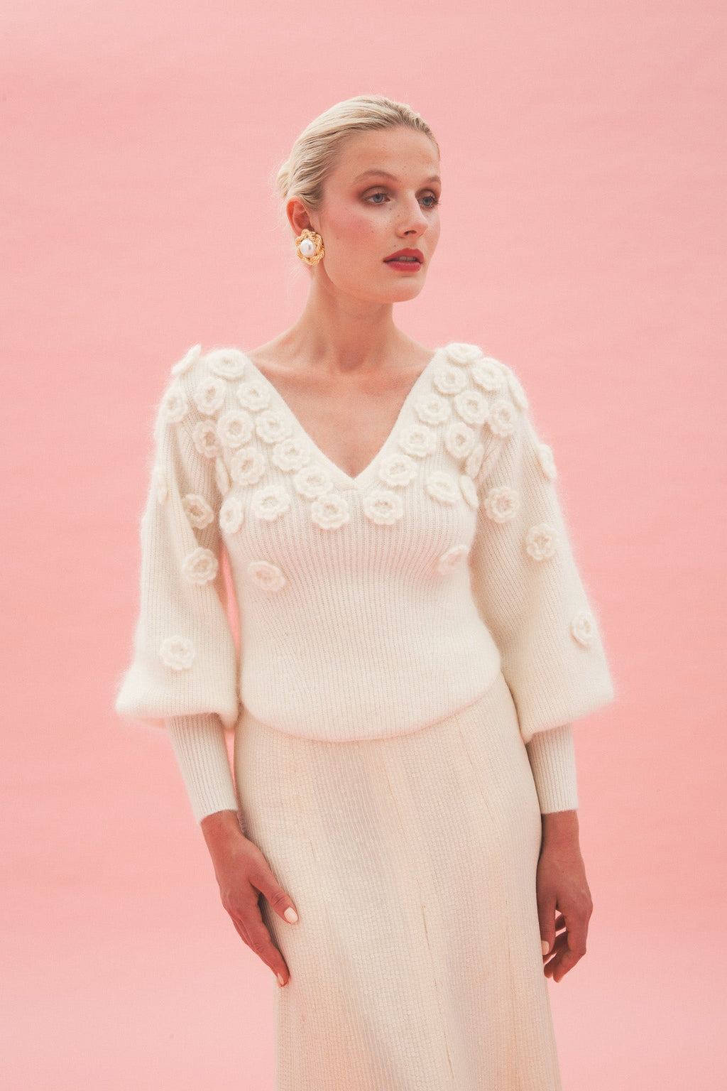Pull Col V En Mohair Et Laine À Fleurs - Blanc