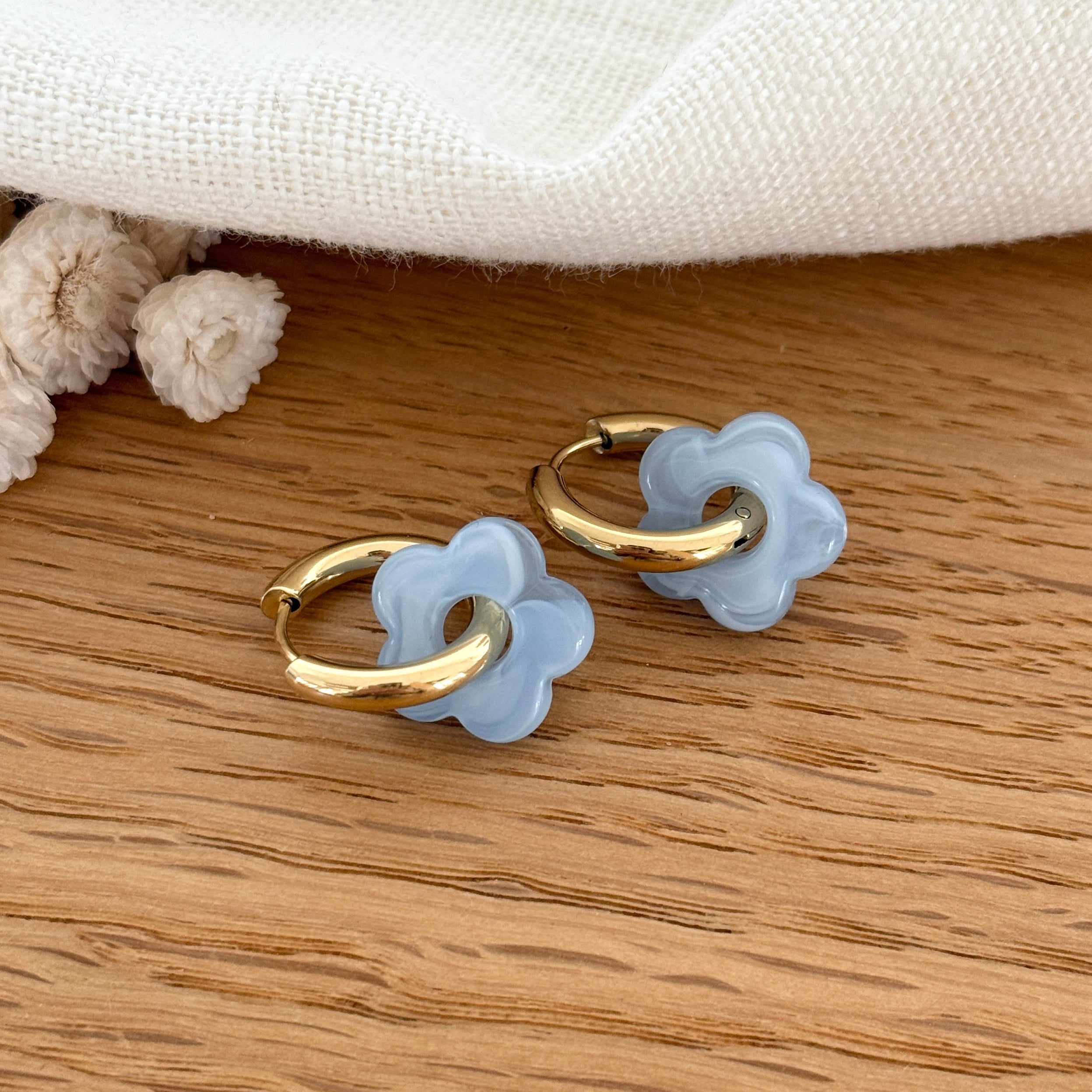 “Mini Flora” Steel Sky Blue Hoop Earrings