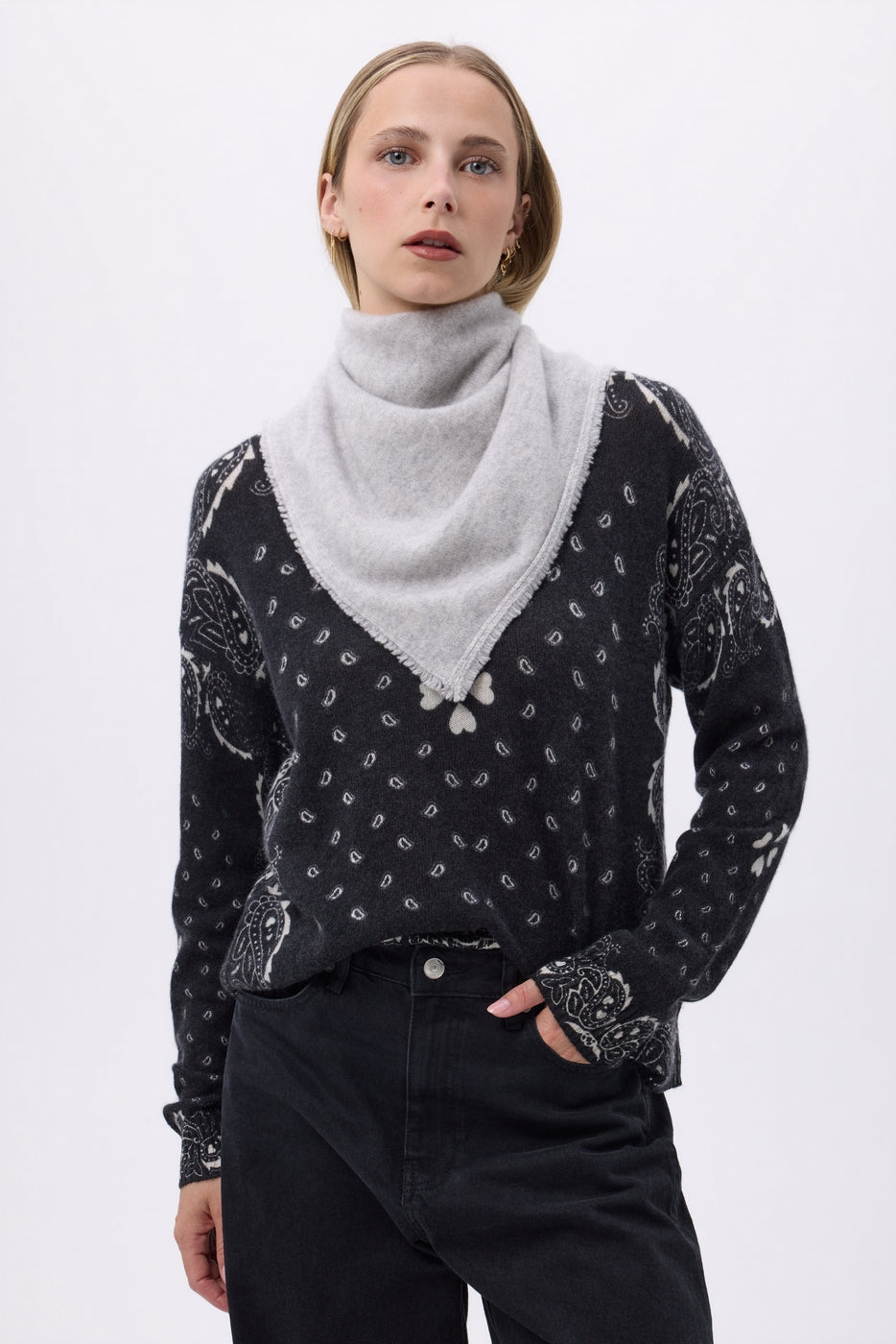 Echarpe Carrée Franges Unisexe Irma En Cachemire - Gris Clair - Femme