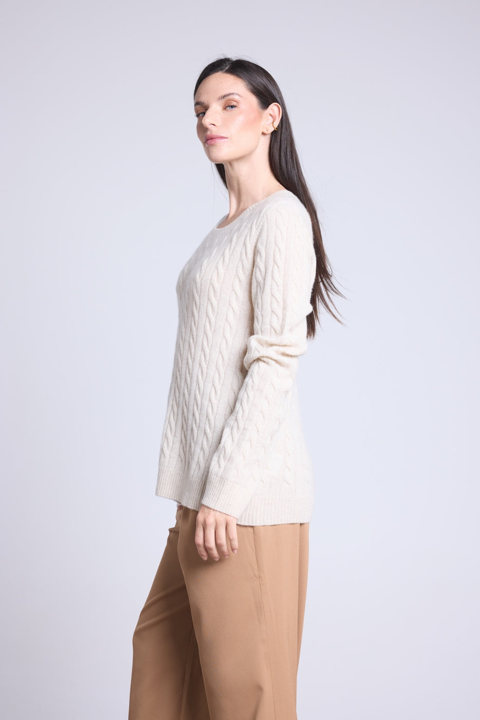 Kabelstickad Tröja Med Rund Hals Isabella - Creme - Dam - 100 % Kashmir