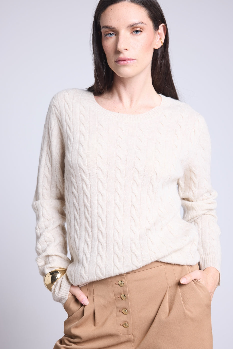 Kabelstickad Tröja Med Rund Hals Isabella - Creme - Dam - 100 % Kashmir