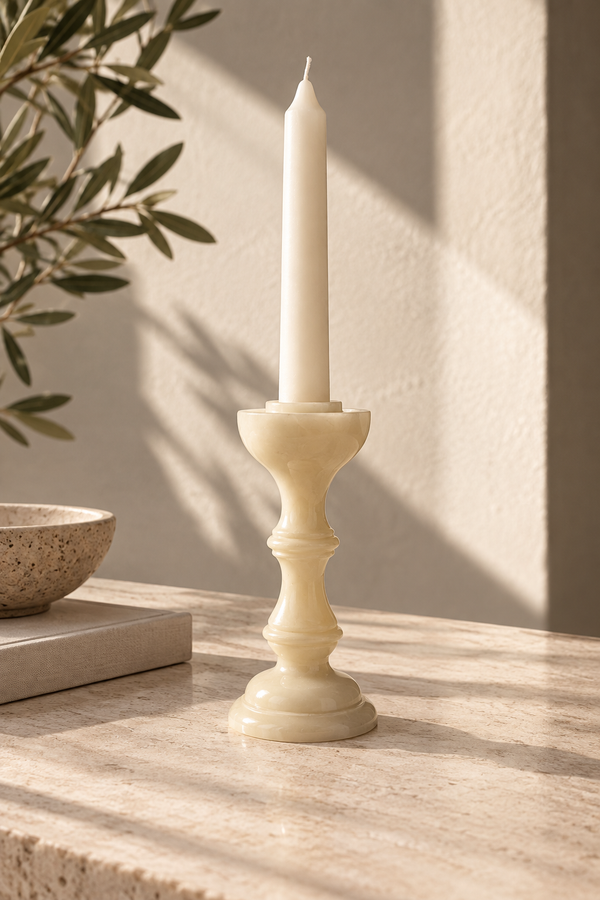 Bougeoir Chandelier En Résine Façon Albâtre Vintage - Beige