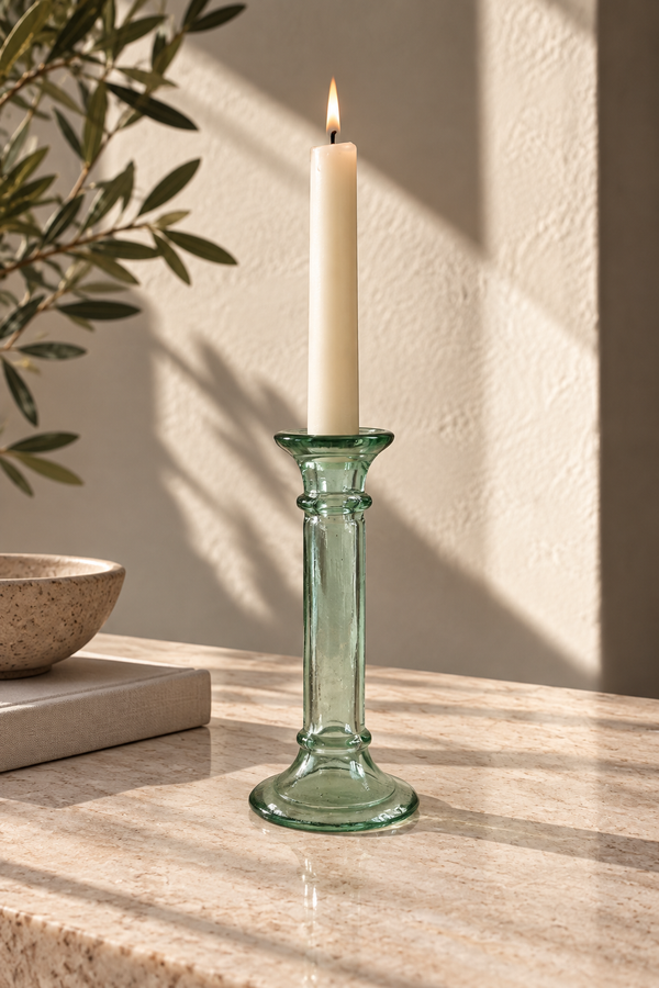 Bougeoir Droit En Verre Moulé Vintage - Vert
