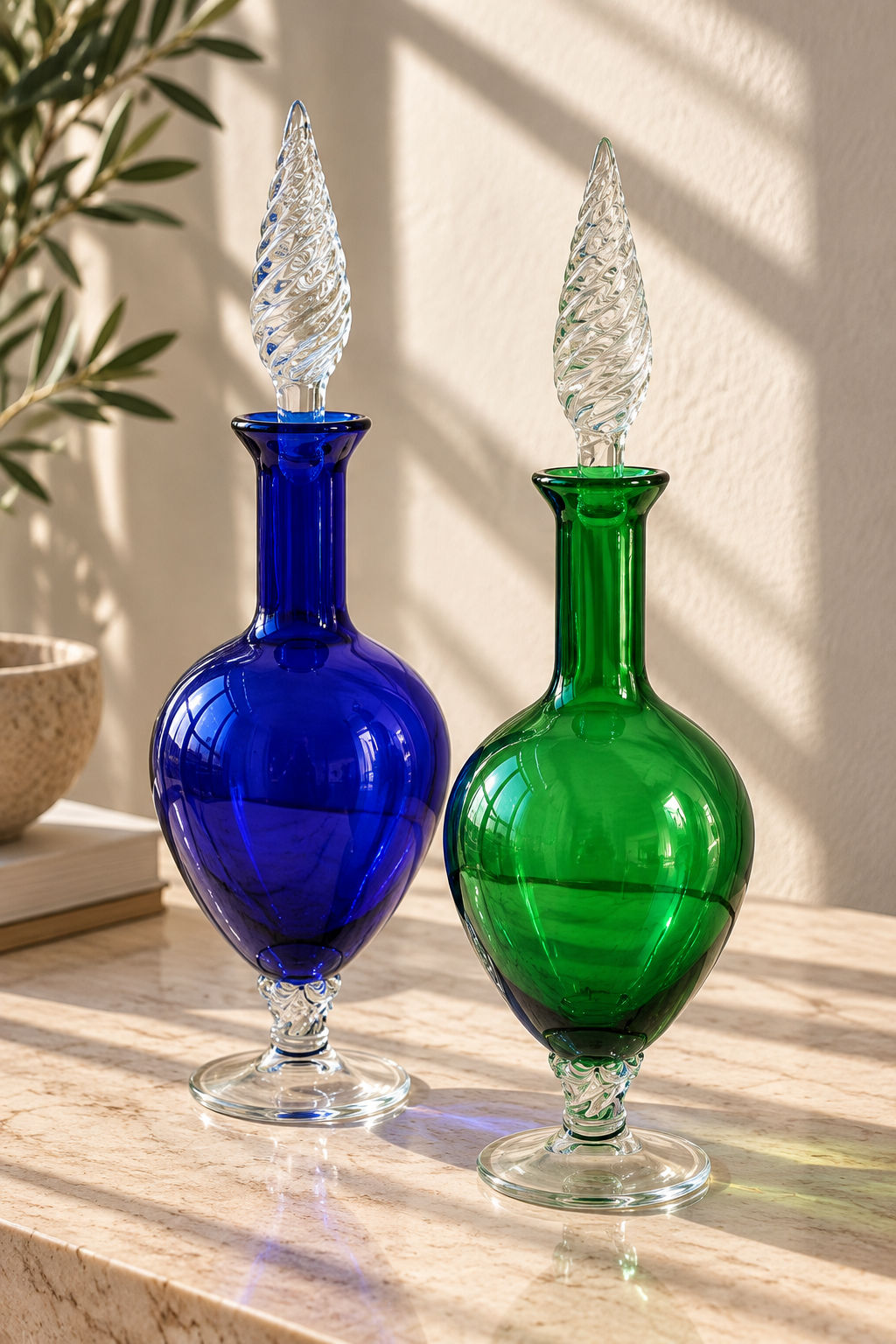 Set med två karaffer i Empoli-glas 60- och 70-tal - Grön & blå