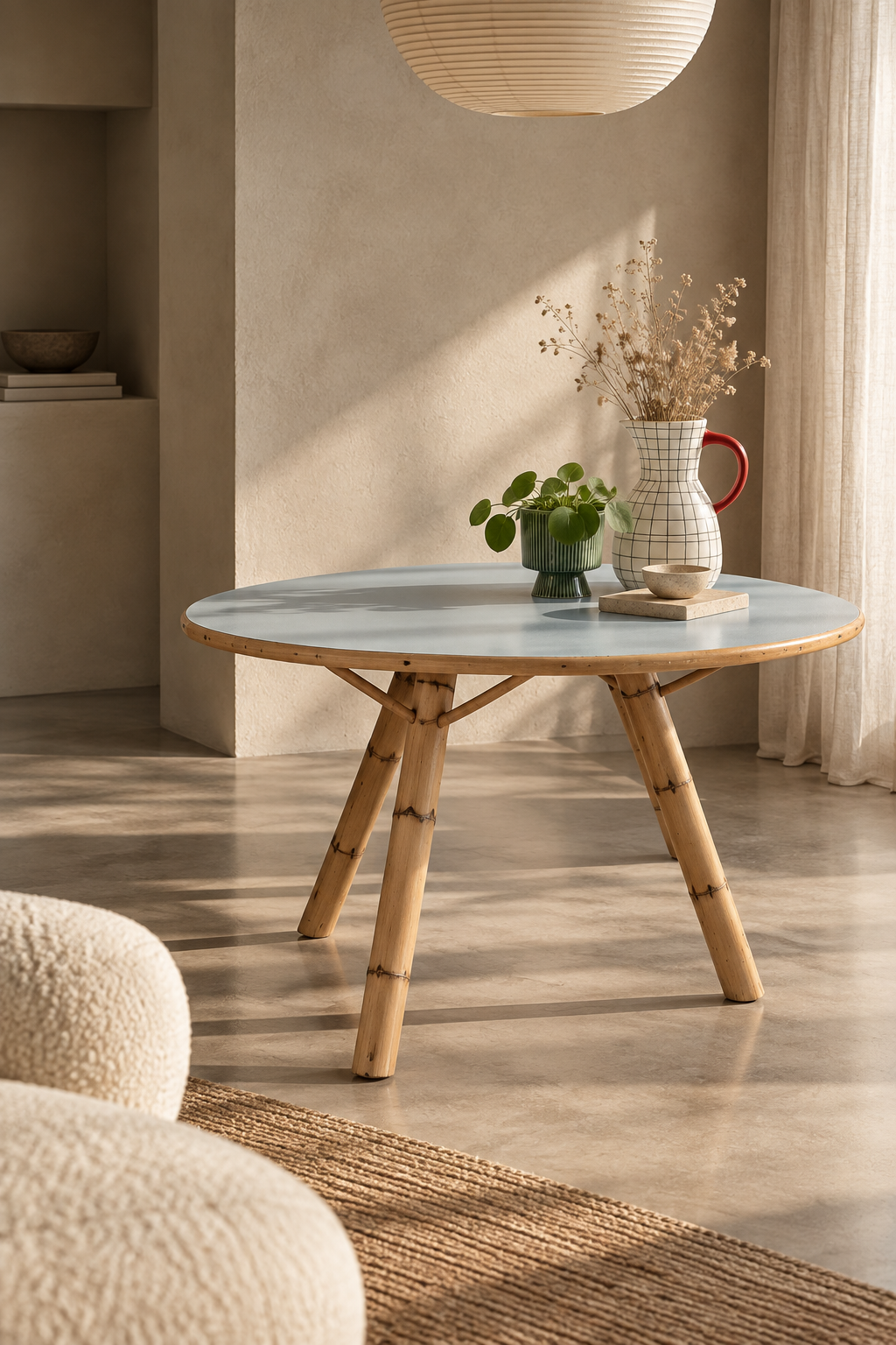 Driepotige Salontafel – Rotan & Bamboe – Eivormig Blad Hemelsblauw - Blauw