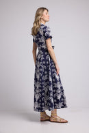 Vestido largo de manga corta - Azul Marino Blanco