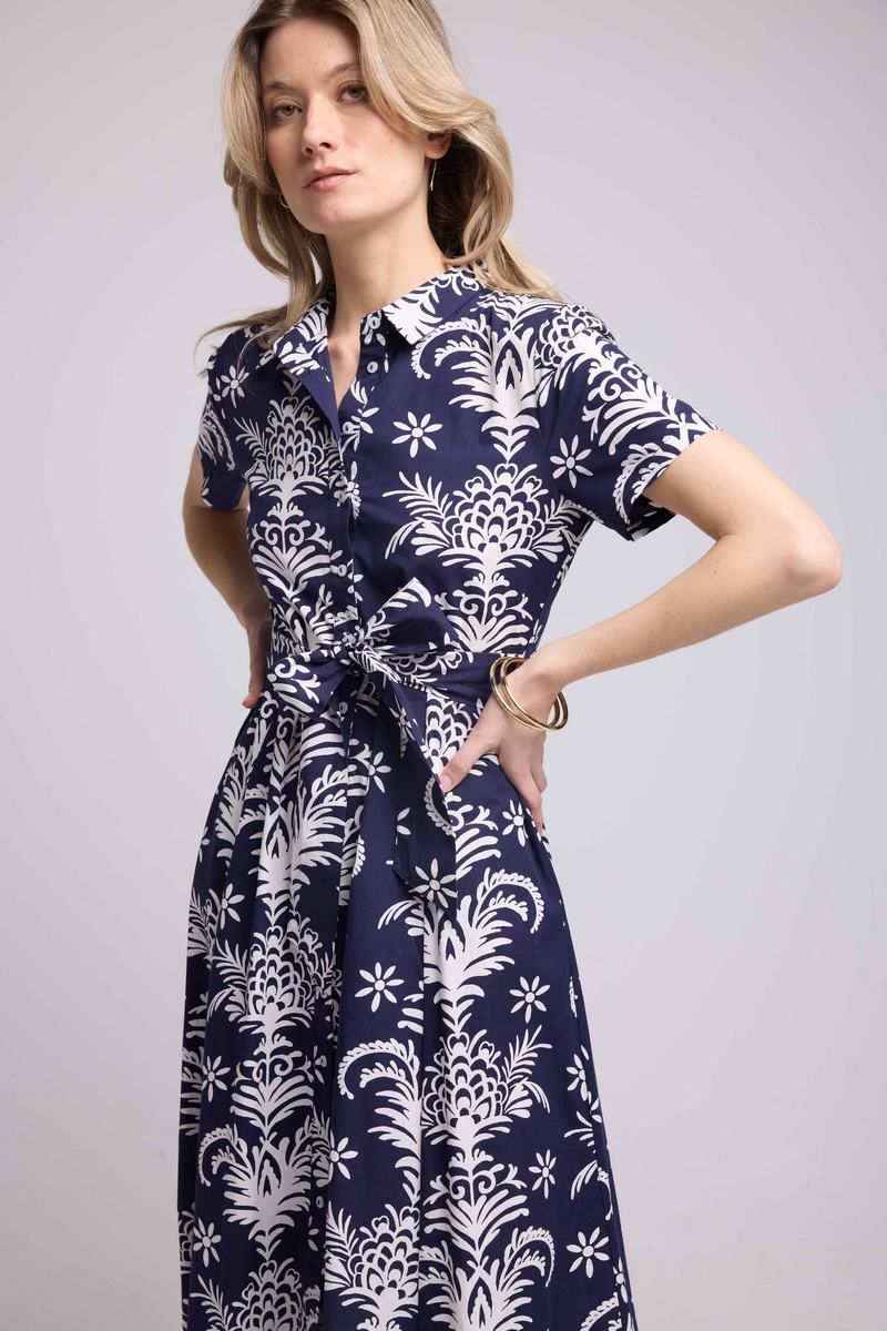 Vestido largo de manga corta - Azul Marino Blanco