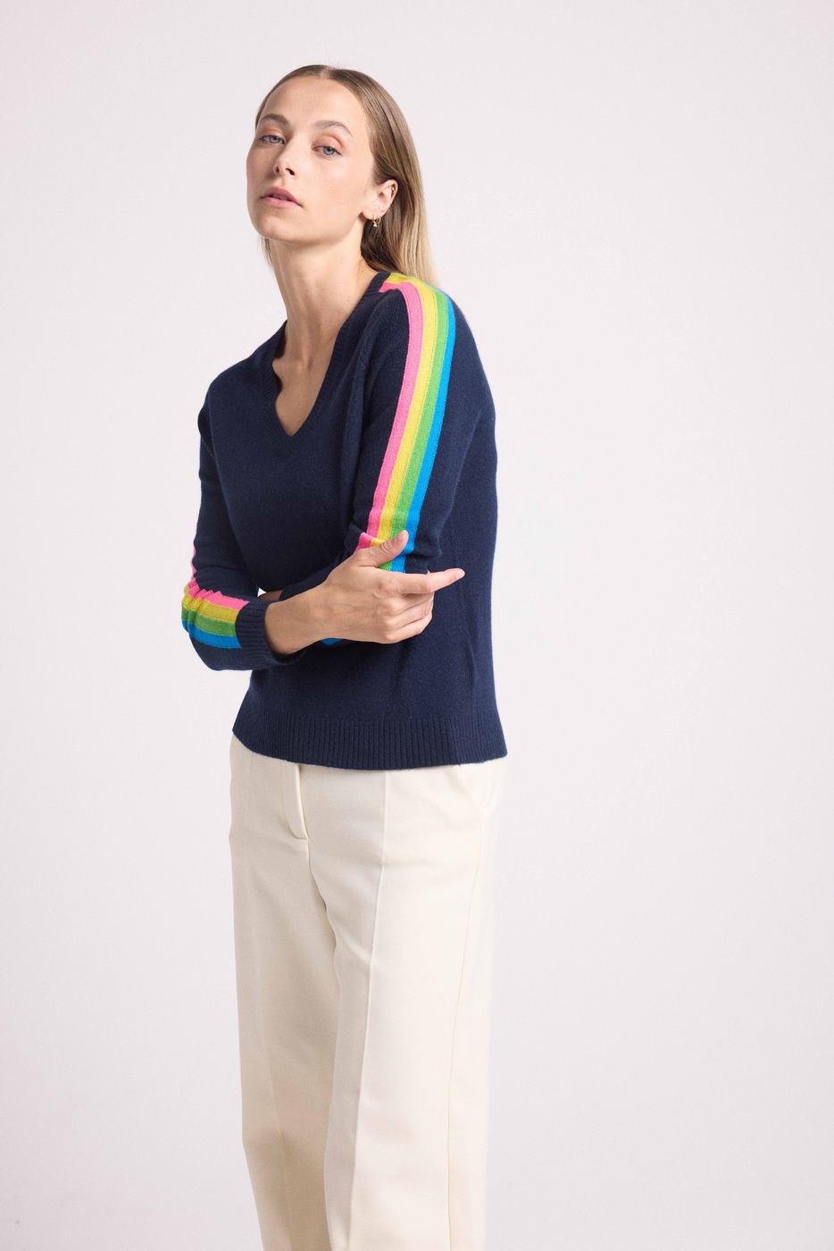 Pull Col V Bandes Arc En Ciel Manches Java - Bleu Marine - Femme
