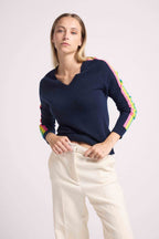 Pull Col V Bandes Arc En Ciel Manches Java - Bleu Marine - Femme