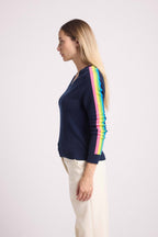 Pull Col V Bandes Arc En Ciel Manches Java - Bleu Marine - Femme