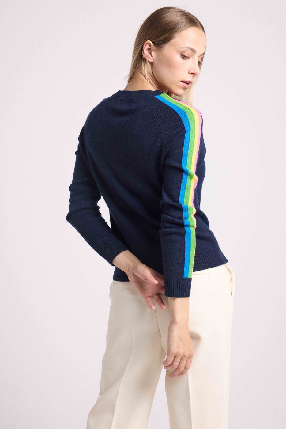 Pull Col V Bandes Arc En Ciel Manches Java - Bleu Marine - Femme