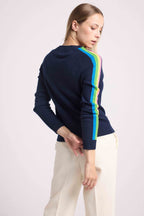 Pull Col V Bandes Arc En Ciel Manches Java - Bleu Marine - Femme
