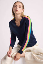 Pull Col V Bandes Arc En Ciel Manches Java - Bleu Marine - Femme