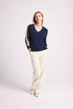 Pull Col V Bandes Arc En Ciel Manches Java - Bleu Marine - Femme